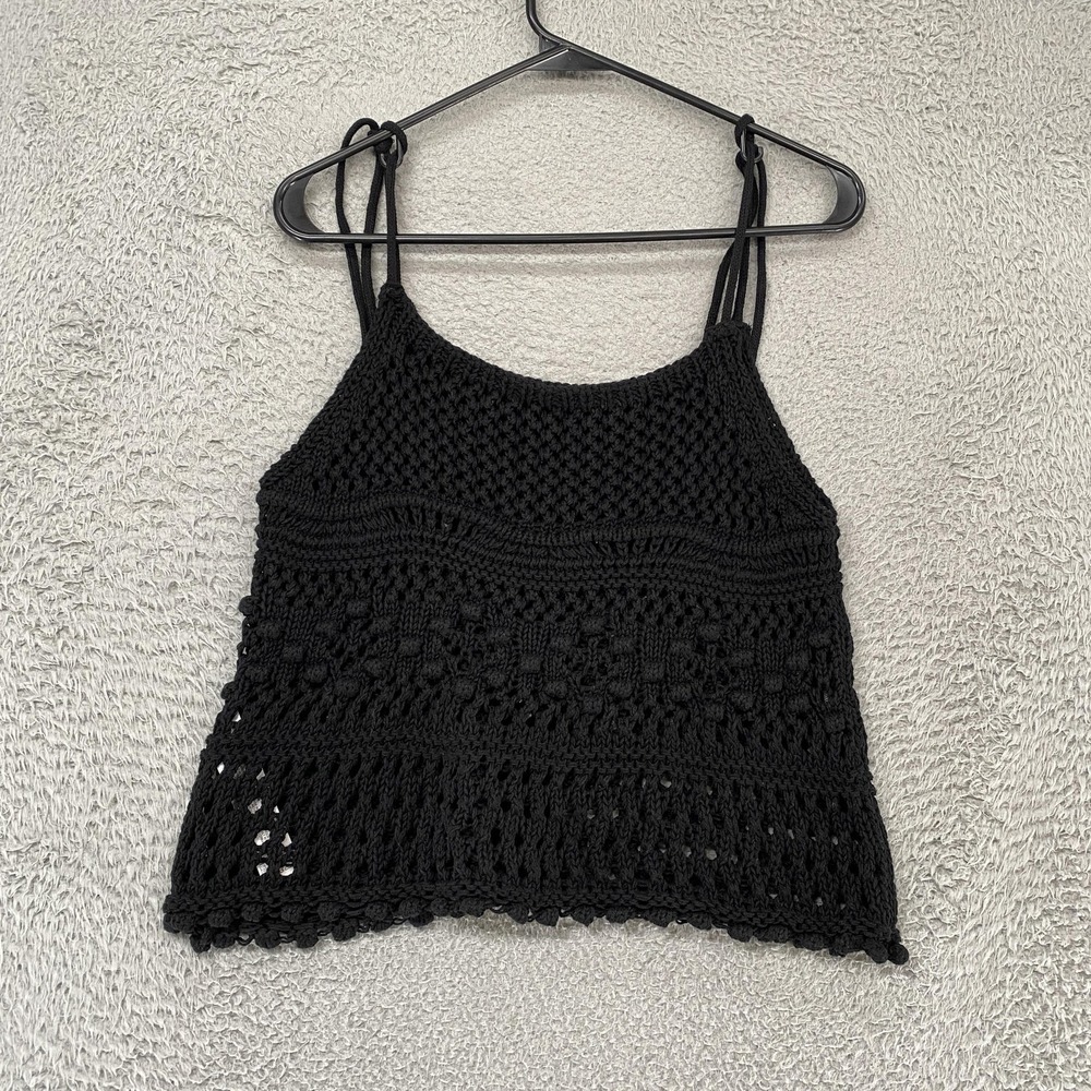 Zara Crochet‎ Tank Womens Small Black 100% Cotton Tie Strap Boho Festival Beachy - Picture 7 of 11